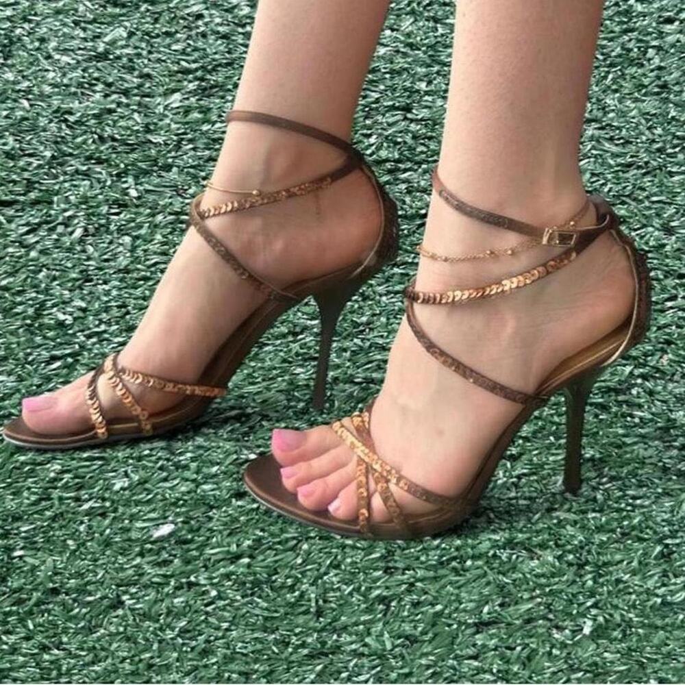 vintage bebe brown sequin heels